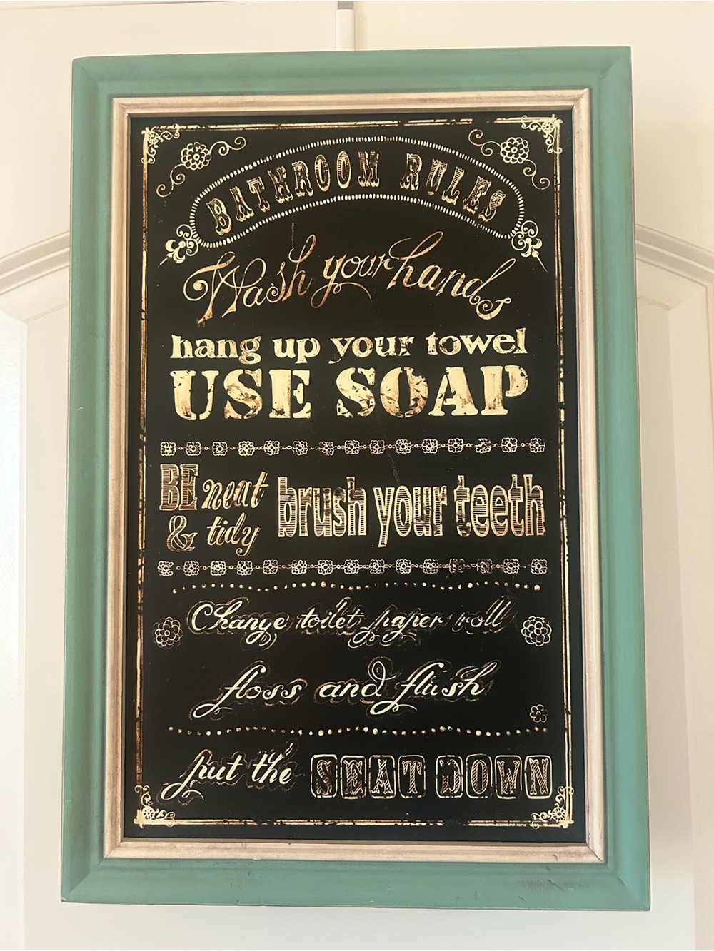 Teal and Black 'Bathroom Rules' Word Sign